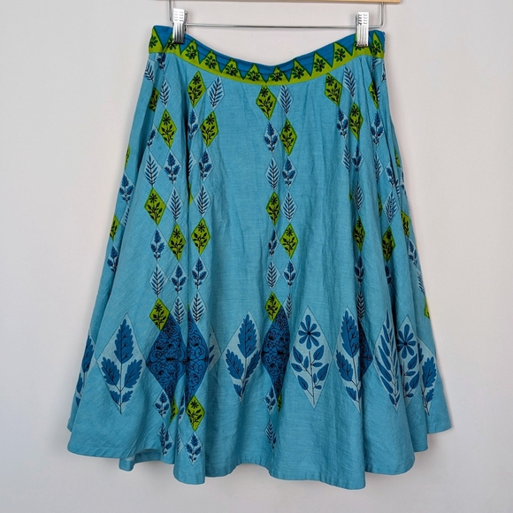 RARE VIOLA 6 Whimsical Anthropologie Flower Leaf  Blue Jay Skirt Linen Cotton - Picture 1 of 11